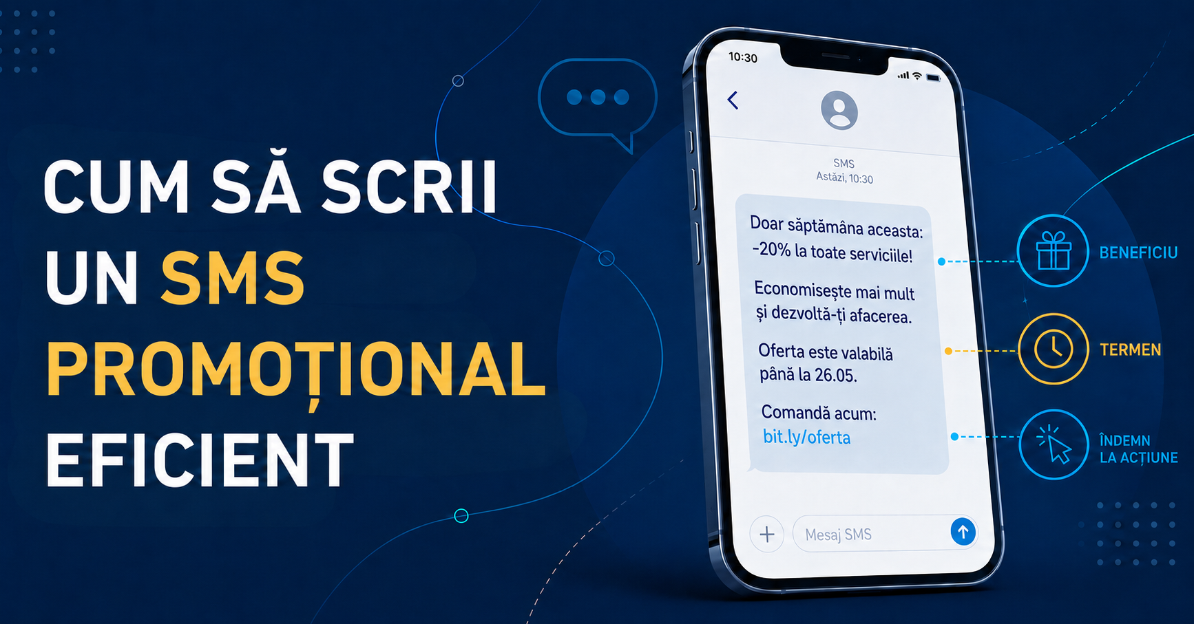 Ilustrație care însoțește articolul „Cum să scrii un SMS promoțional eficient”, prezentând un exemplu de ofertă, termen limită și call to action