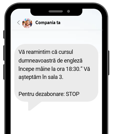 Exemplu de SMS de la școală cu un memento privind o oră de curs viitoare